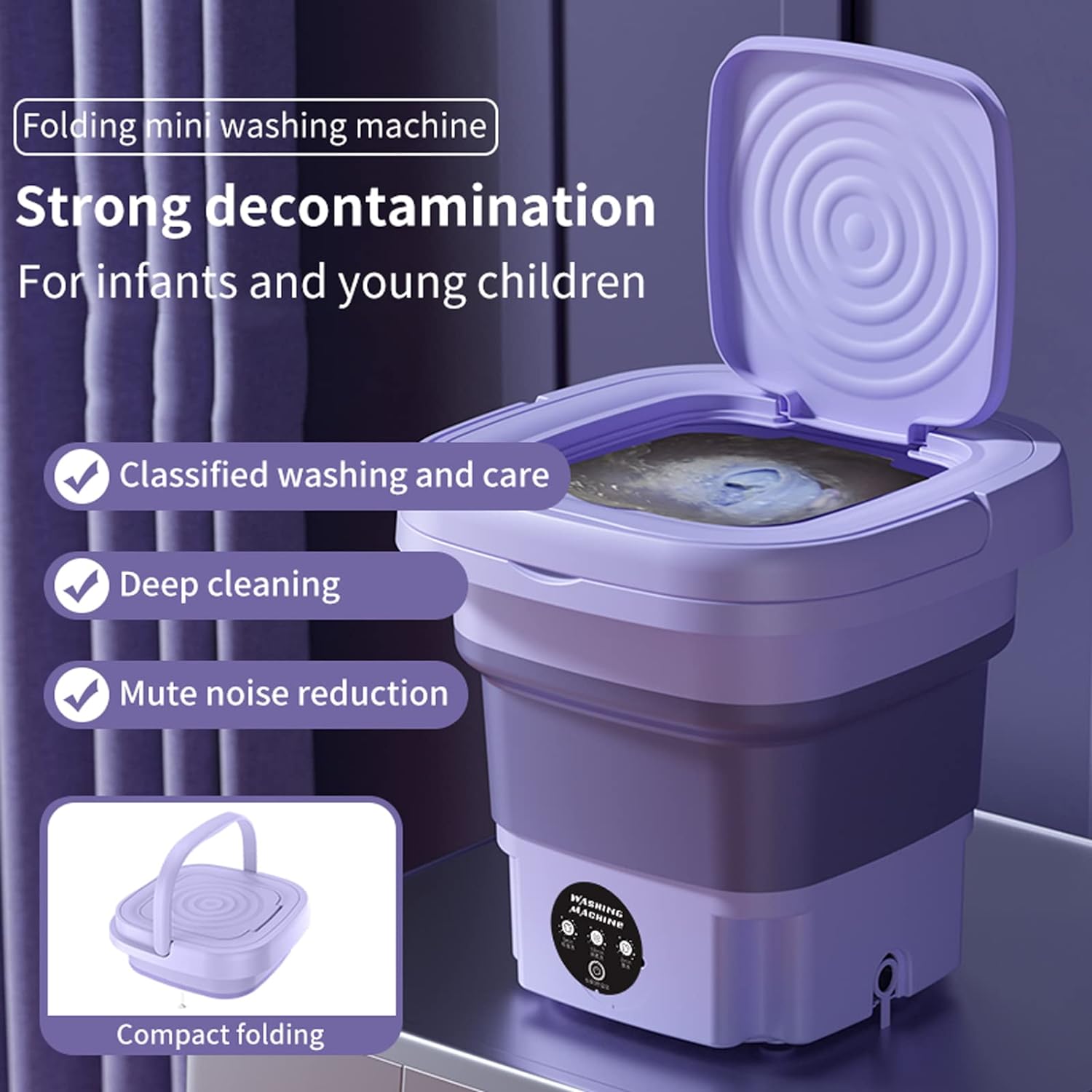 ForKumi 9L compact laundry machine in purple with folding design and quiet operation for infant clothes