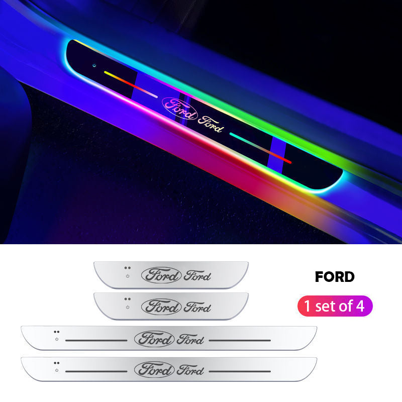 ForKumi magnetic RGB car LED strip with Ford logo illuminated in multicolor lights on car door sill