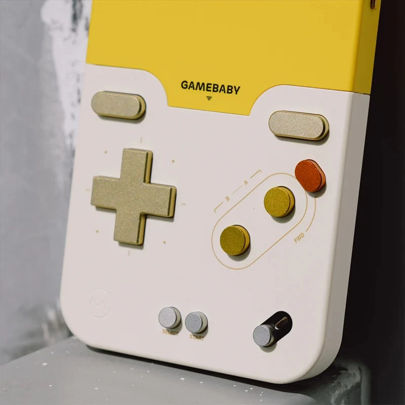 ForKumi iPhone 16 Pro Max gaming case in yellow and white with built-in game controls and screen