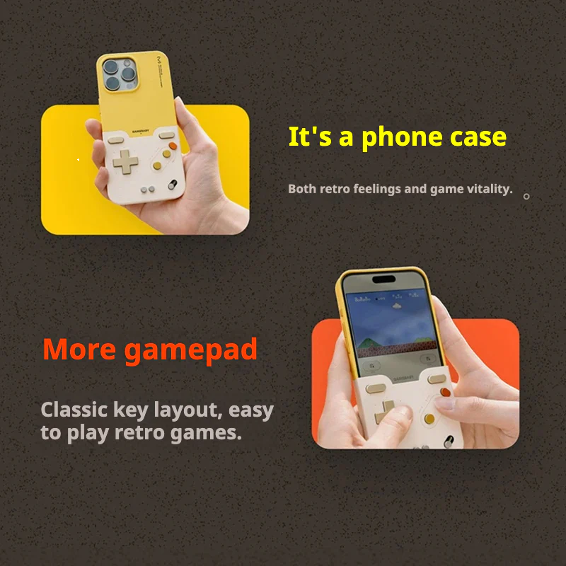 ForKumi iPhone 16 Pro Max gaming case with retro gamepad design and classic key layout in yellow