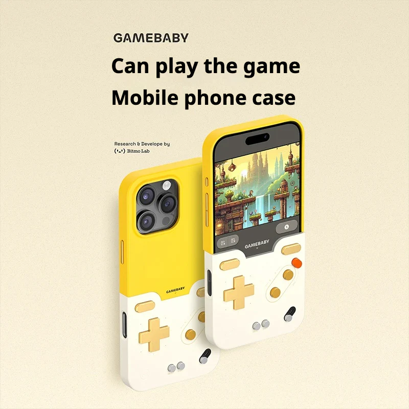 ForKumi iPhone 16 Pro Max gaming case in yellow and white with built-in game controls and screen