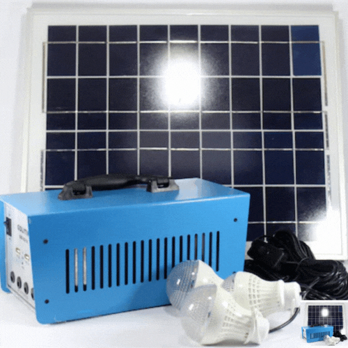 ForKumi portable solar power system with solar panel, blue power unit, LED bulbs, and connecting cables