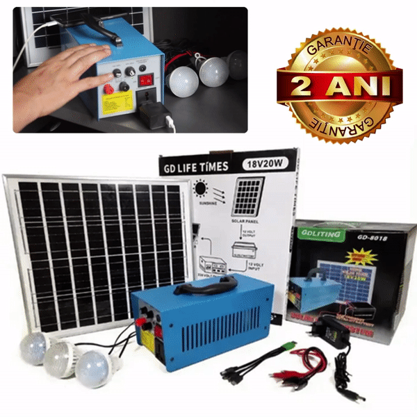 ForKumi portable solar power system with solar panel, blue power unit, LED bulbs, and connecting cables