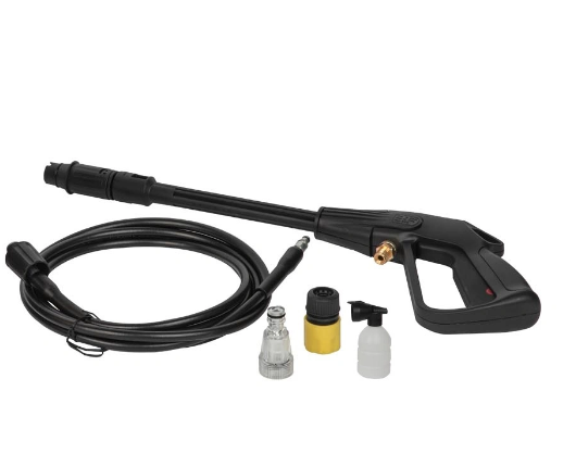 ForKumi 1400W electric pressure washer with spray gun, hose, and multiple nozzle attachments