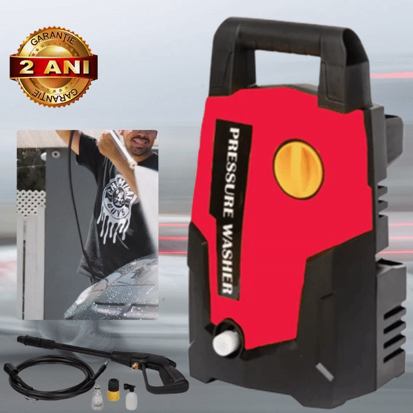 ForKumi 1400W electric pressure washer in red and black with handle and cleaning accessories