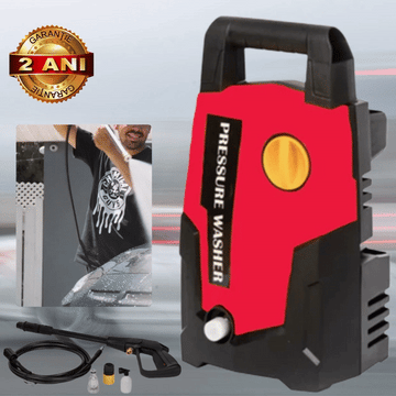 ForKumi 1400W electric pressure washer in red and black with handle and cleaning accessories