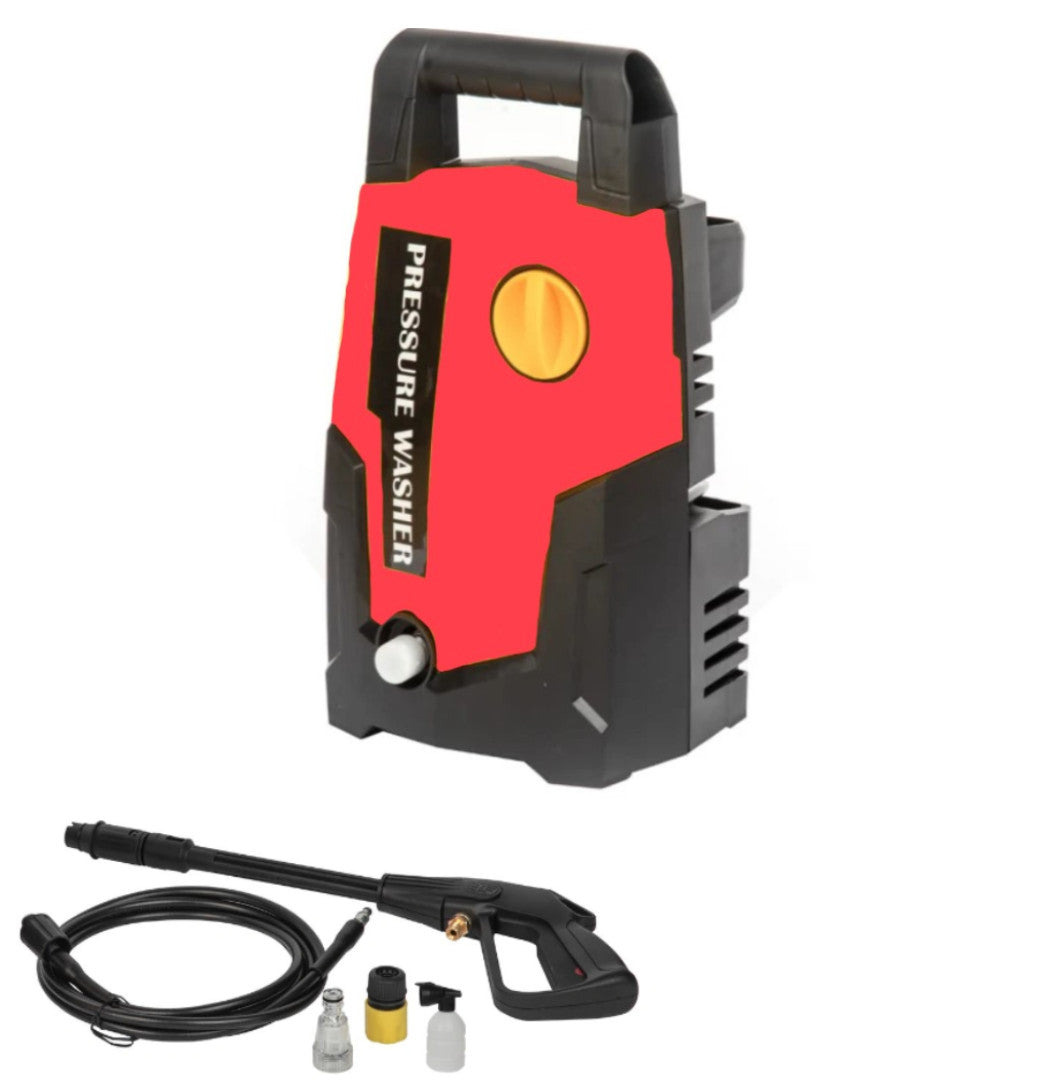 ForKumi 1400W electric pressure washer in black and red with hose, spray gun, and nozzles for home cleaning