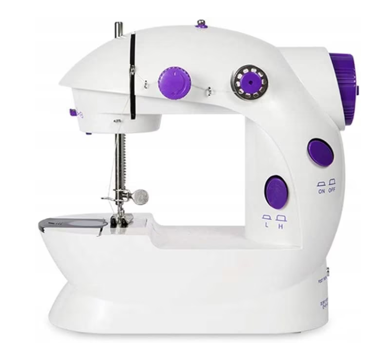 ForKumi 4-in-1 mini sewing machine with accessories including bobbins, foot pedal, and adapter in white