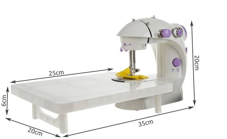 ForKumi 4-in-1 mini sewing machine with measuring dimensions and white and purple design