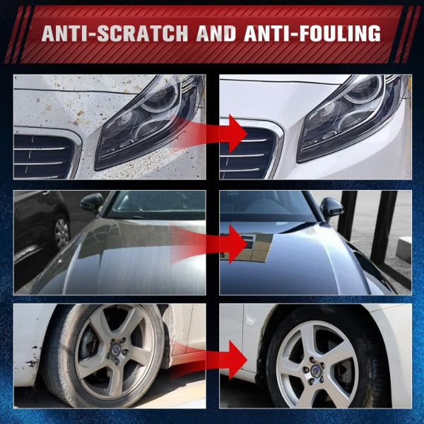 ForKumi multi surface scratch repair kit showing before and after car headlight, hood, and tire rim cleaning and scratch removal