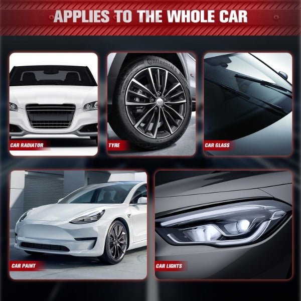 ForKumi multi surface scratch repair kit showing application on car radiator, tyre, glass, paint, and lights
