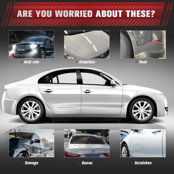 Multi surface scratch repair kit showing a white car with issues like acid rain, oxidation, dust, sewage, guano, and scratches