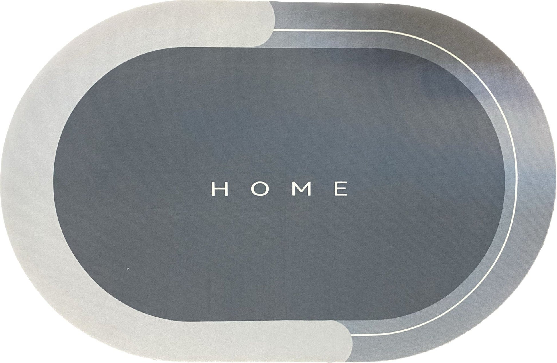 ForKumi quick dry bath mat in gray and white with oval shape and HOME text design