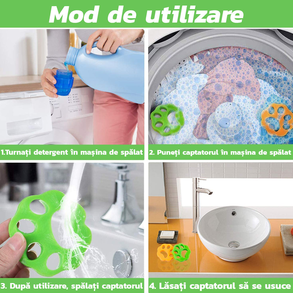 ForKumi reusable pet hair remover being used in washing machine steps with detergent and rinsing