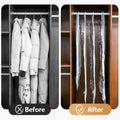 Before and after comparison of closet with vacuum storage bags for clothes compressing bulky coats inside wooden wardrobe