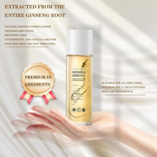 ForKumi age defying face cream with ginseng essence in clear bottle held on a hand