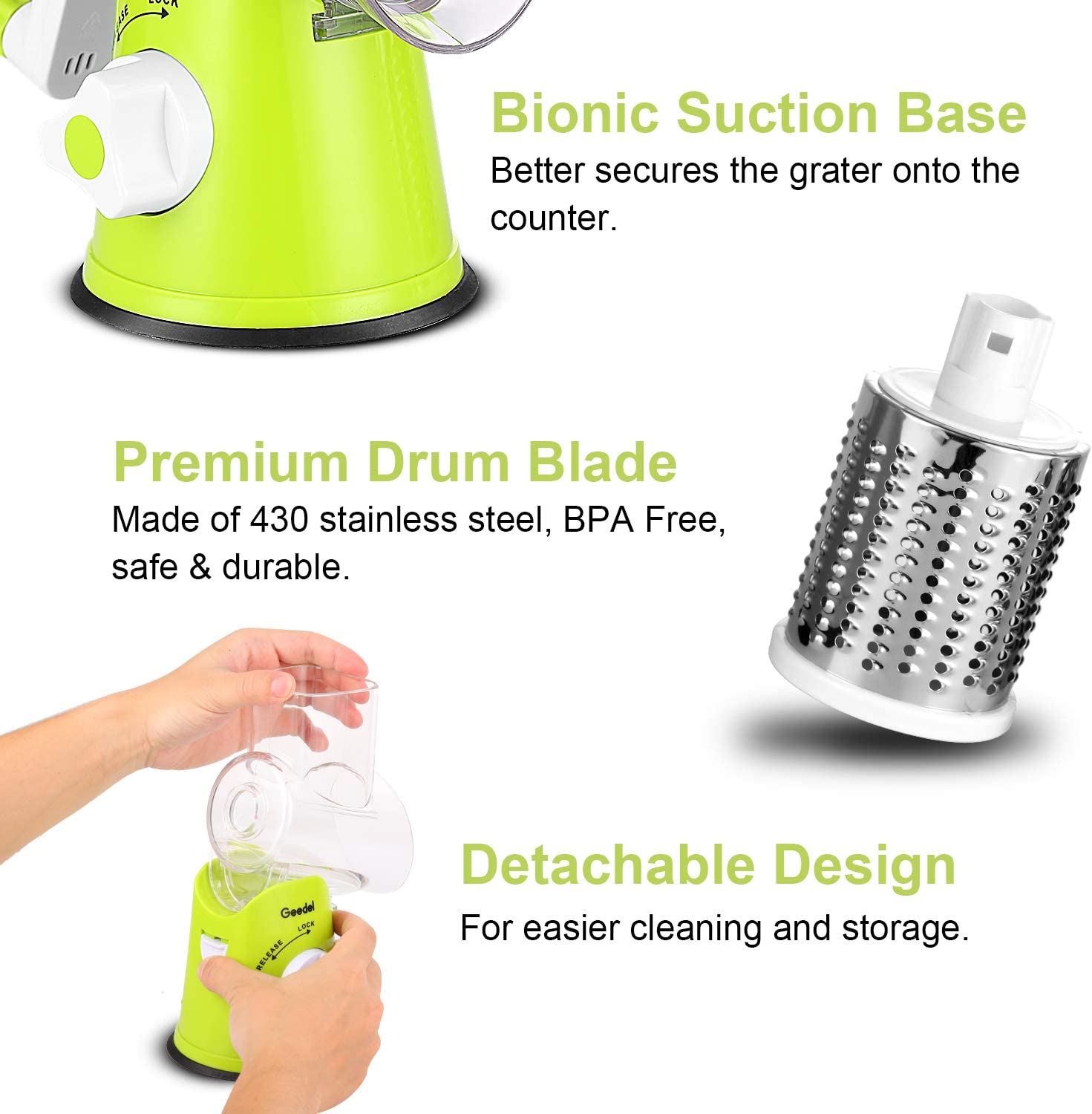 ForKumi 3-blade vegetable slicer with bionic suction base, premium drum blade, and detachable design