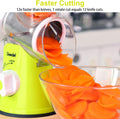 ForKumi 3-blade vegetable slicer in green slicing fresh carrots into a glass bowl for faster cutting