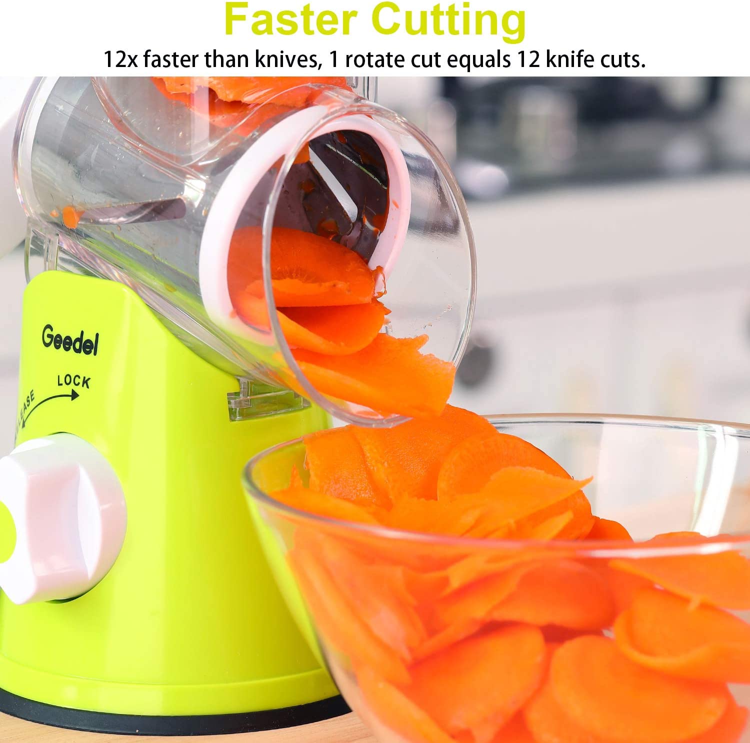 ForKumi 3-blade vegetable slicer in green slicing fresh carrots into a glass bowl for faster cutting