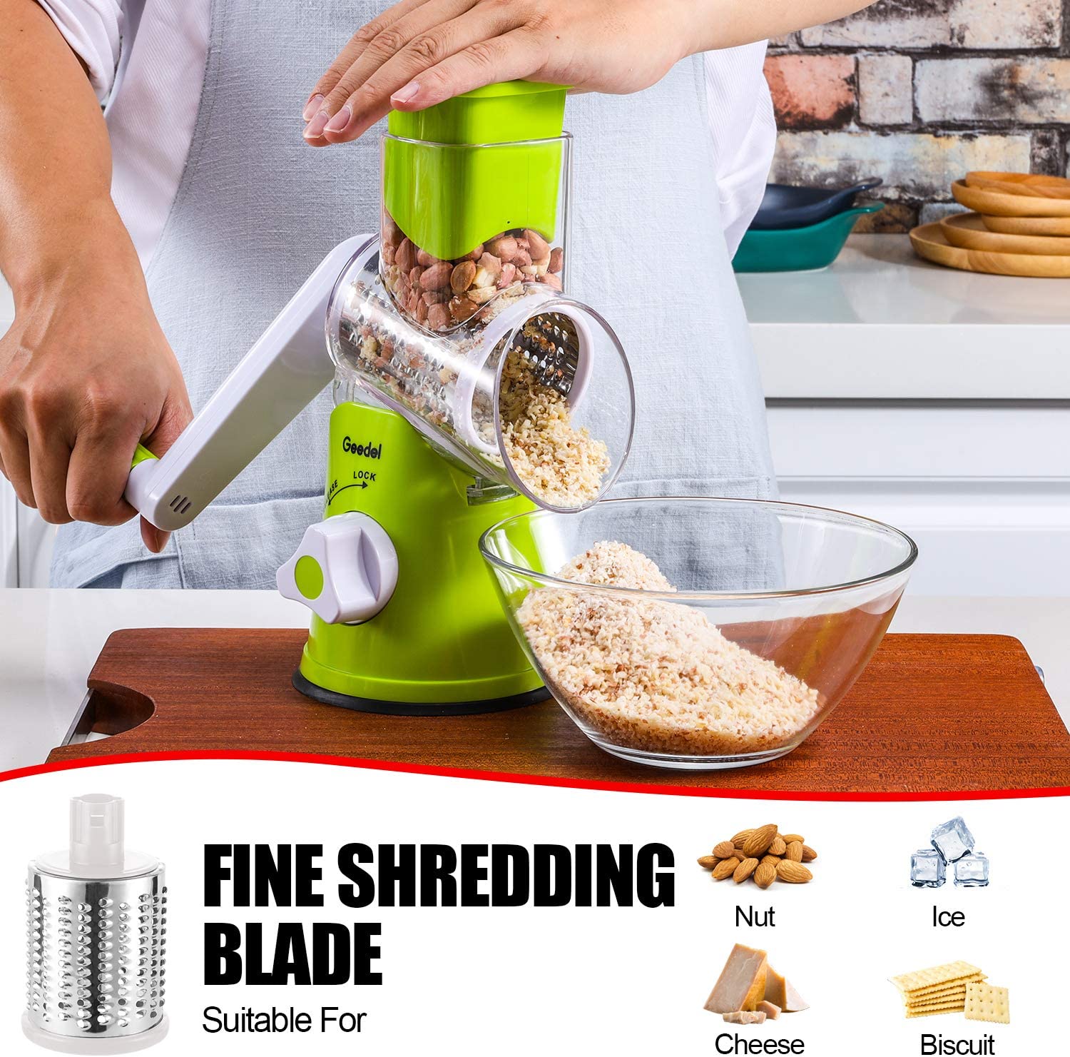 ForKumi 3-blade vegetable slicer shredding nuts into a glass bowl with a green base and hand-operated crank
