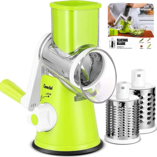 ForKumi 3-blade vegetable slicer in green with rotary handle and stainless steel blades for home use