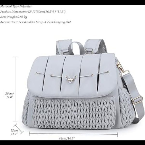ForKumi lightweight diaper backpack in gray with braided front pocket and adjustable shoulder straps