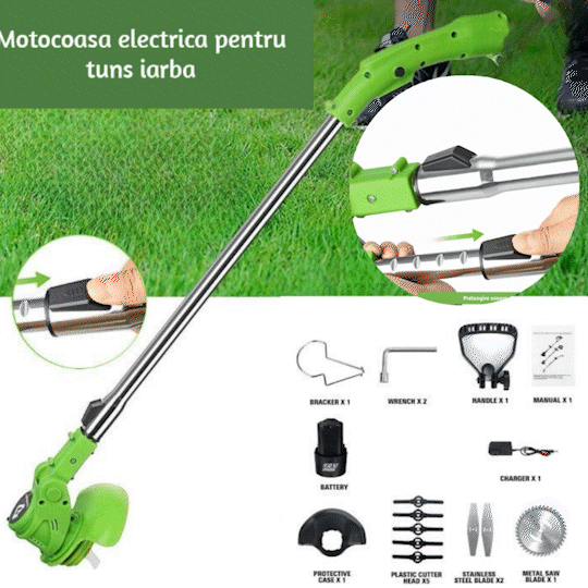 ForKumi cordless adjustable lawn mower with green handle and metal shaft next to included tools and accessories