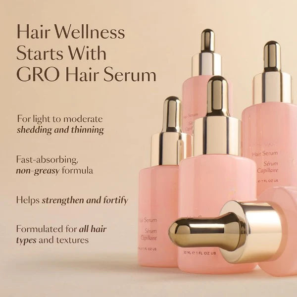 ForKumi GRO Hair Serum bottles displayed with text promoting hair serum for shiny hair and wellness benefits