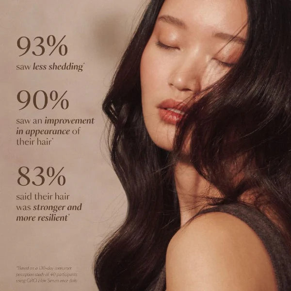 ForKumi hair serum for shiny hair shown on woman with smooth dark hair highlighting reduced shedding and improved hair appearance