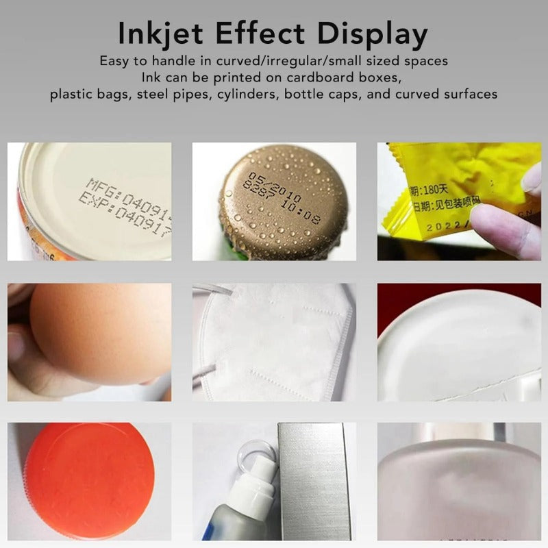 Handheld inkjet printer printing clear text on various curved, irregular, and small surfaces like bottle caps and plastic bags