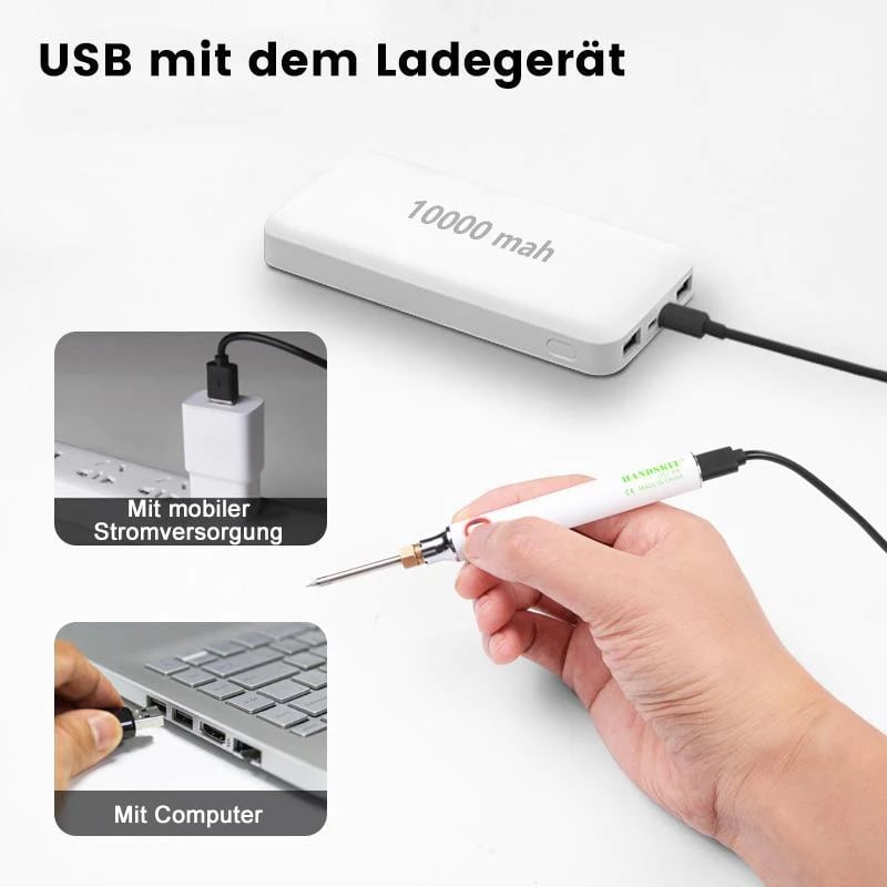 ForKumi USB portable soldering iron connected to a power bank and laptop showing versatile charging options