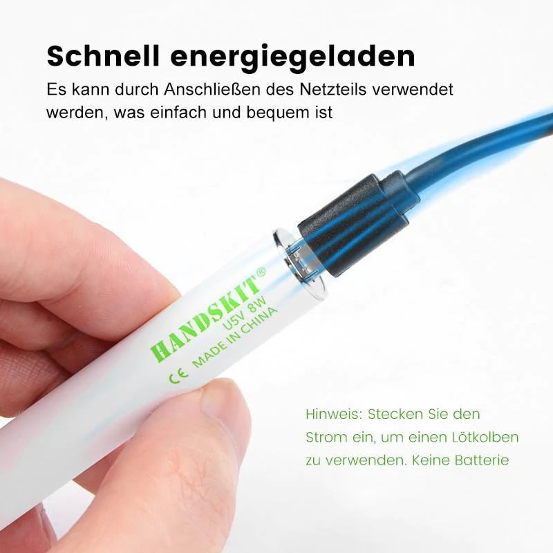 Hand holding a USB portable soldering iron with blue cable and white body for home series use