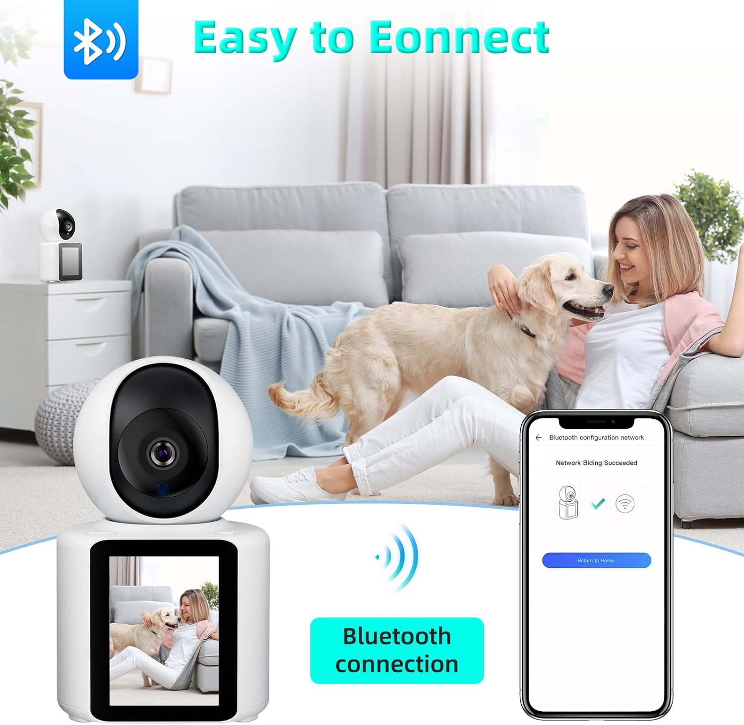 ForKumi HD smart security camera with Bluetooth connection showing pet monitoring on smartphone