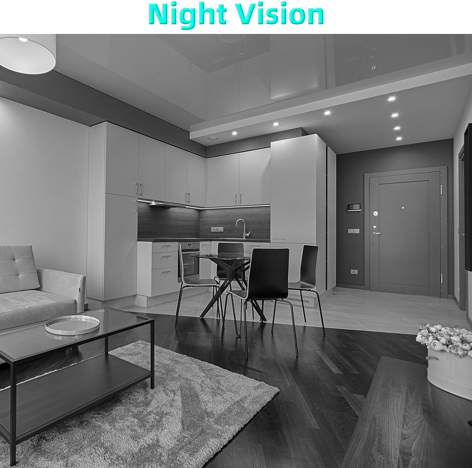 Living room captured by HD smart security camera with clear night vision showing modern kitchen and seating area