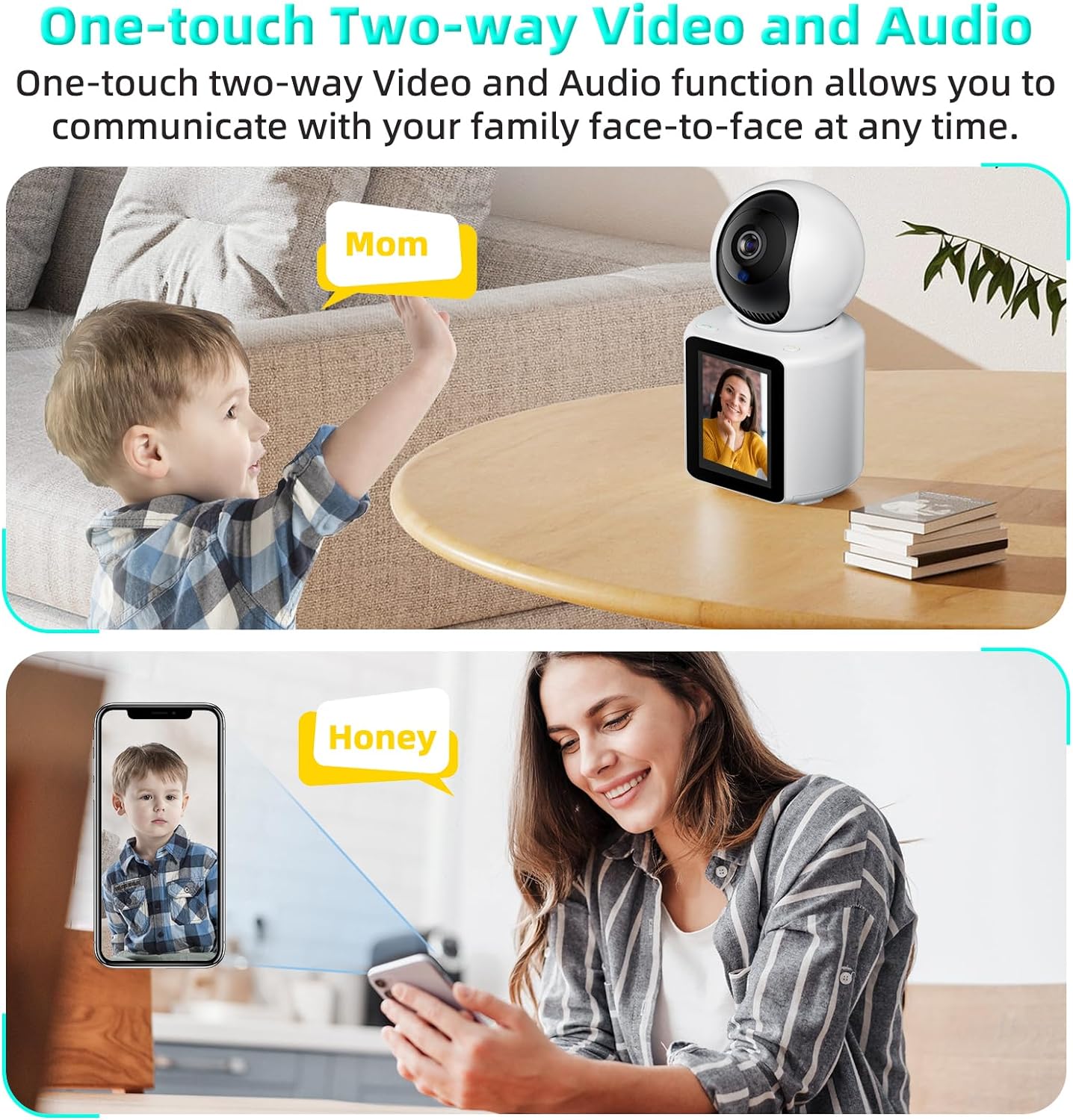HD smart security camera with one-touch two-way video and audio for clear family communication