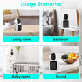 HD smart security camera placed in living room, bedroom, baby room, and kitchen board showing usage scenarios