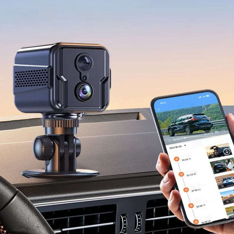 ForKumi HD WiFi security camera mounted inside a car with phone showing live remote surveillance feed