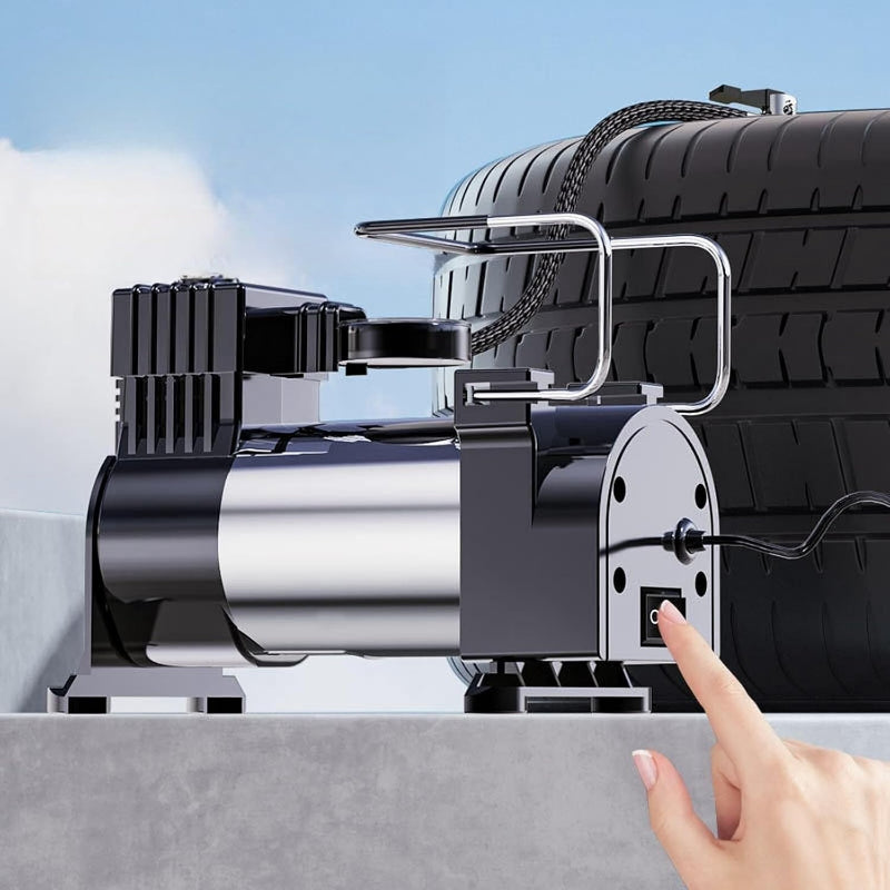 Avis high-pressure tire inflator being turned on near a car tire for efficient air compression
