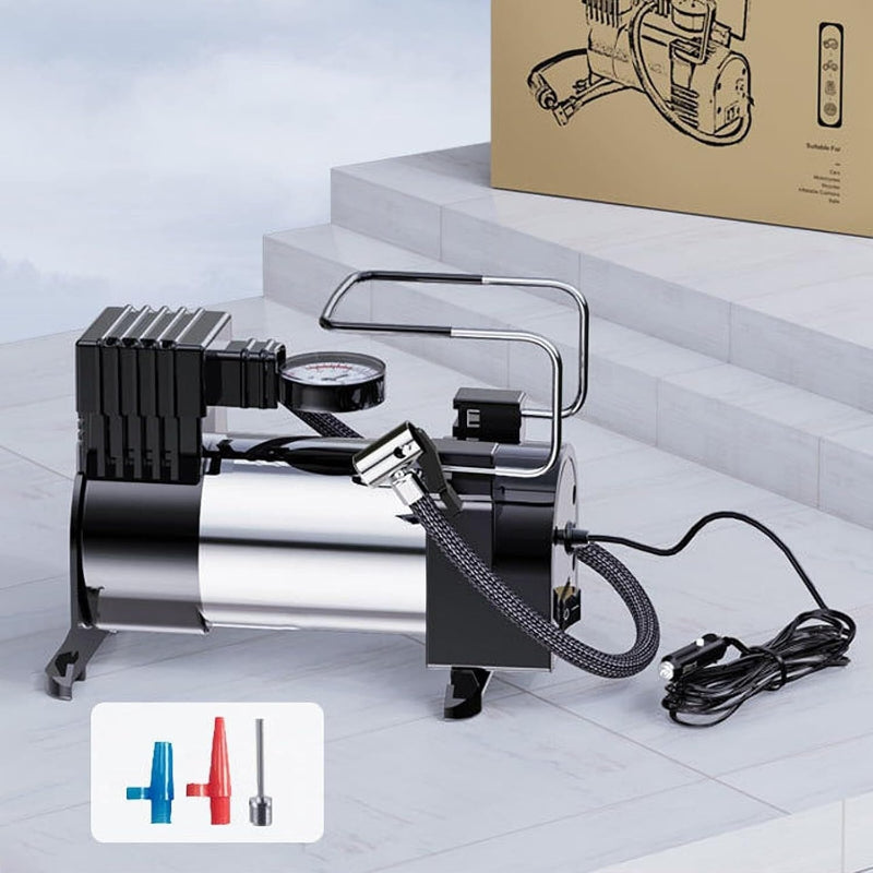 Avis high-pressure tire inflator with metallic body and multiple nozzle attachments for car tire maintenance