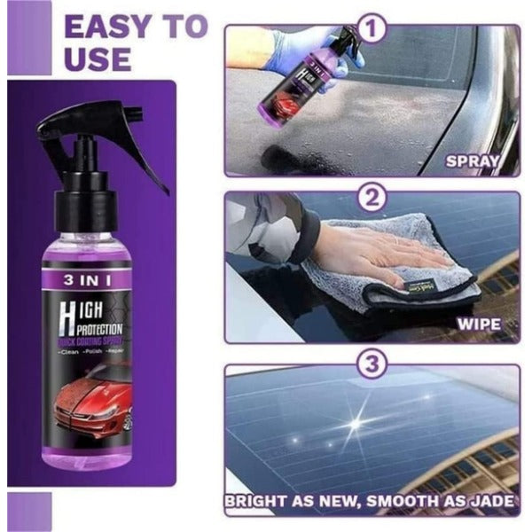 Avis nano car scratch repair spray bottle with step-by-step use showing spray application, wiping, and shiny smooth car surface