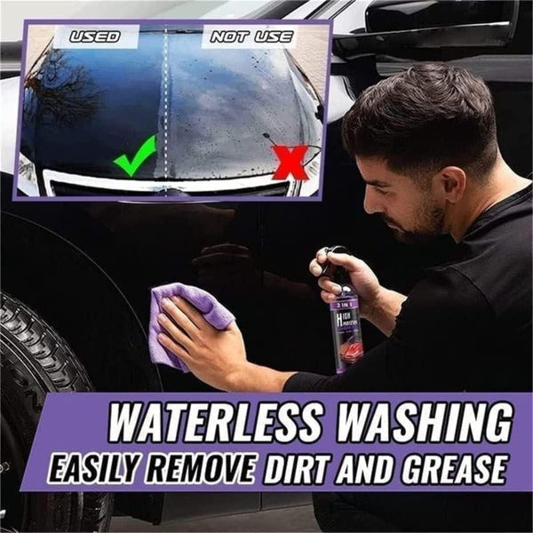 Man using Avis nano car scratch repair spray for waterless washing to remove dirt and grease from black car surface