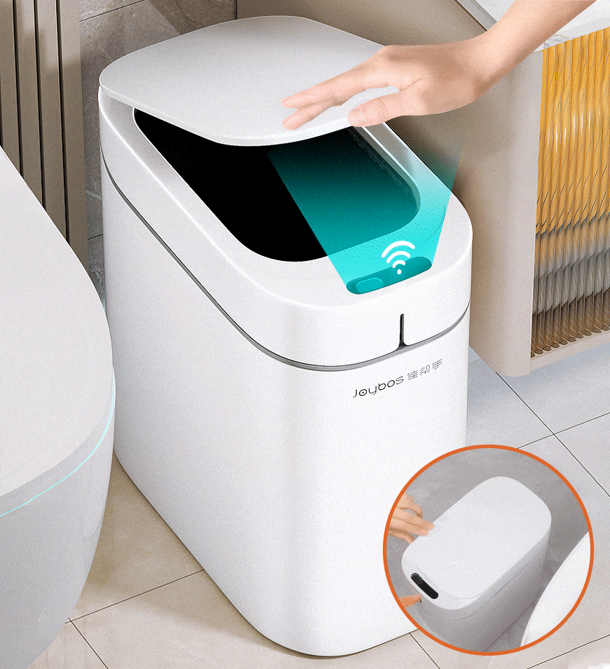 ForKumi white sensor trash can with motion-activated lid opening in modern bathroom setting