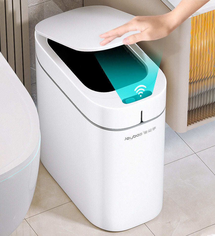 ForKumi white sensor trash can opening automatically by hand motion in modern bathroom