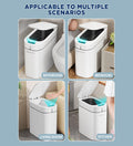 ForKumi sensor trash can shown in bathroom, bedroom, living room, and kitchen for versatile home use