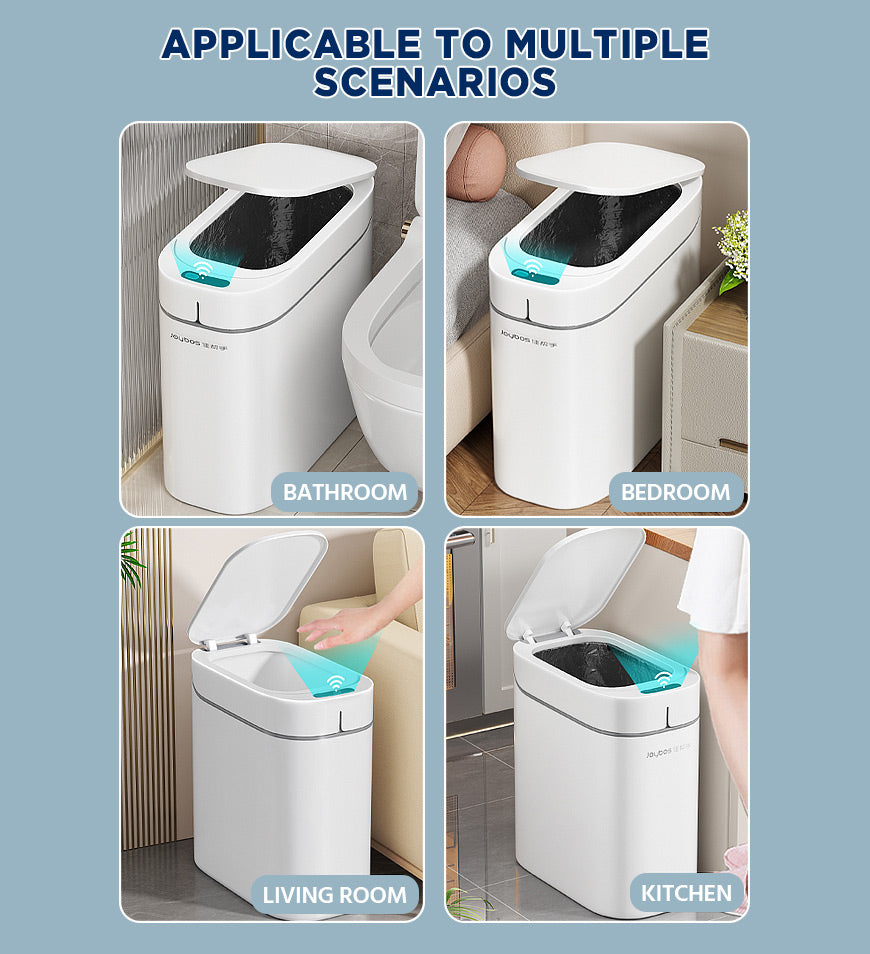 ForKumi sensor trash can shown in bathroom, bedroom, living room, and kitchen for versatile home use