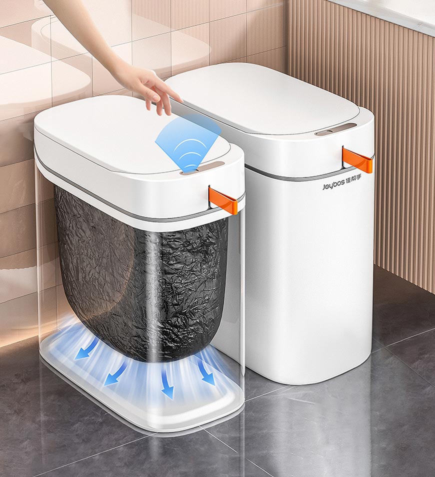 ForKumi white sensor trash can with automatic lid opening and built-in bag dispenser for home use
