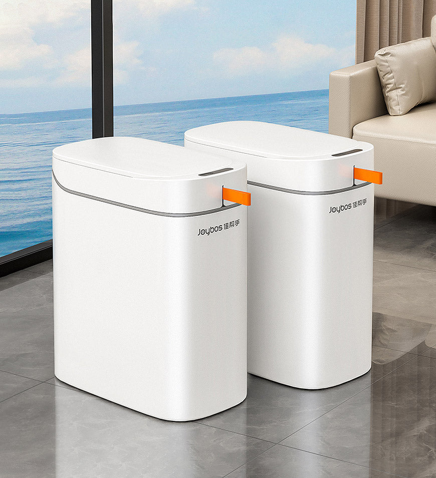 ForKumi white sensor trash can with motion-activated lid opening in modern bathroom setting