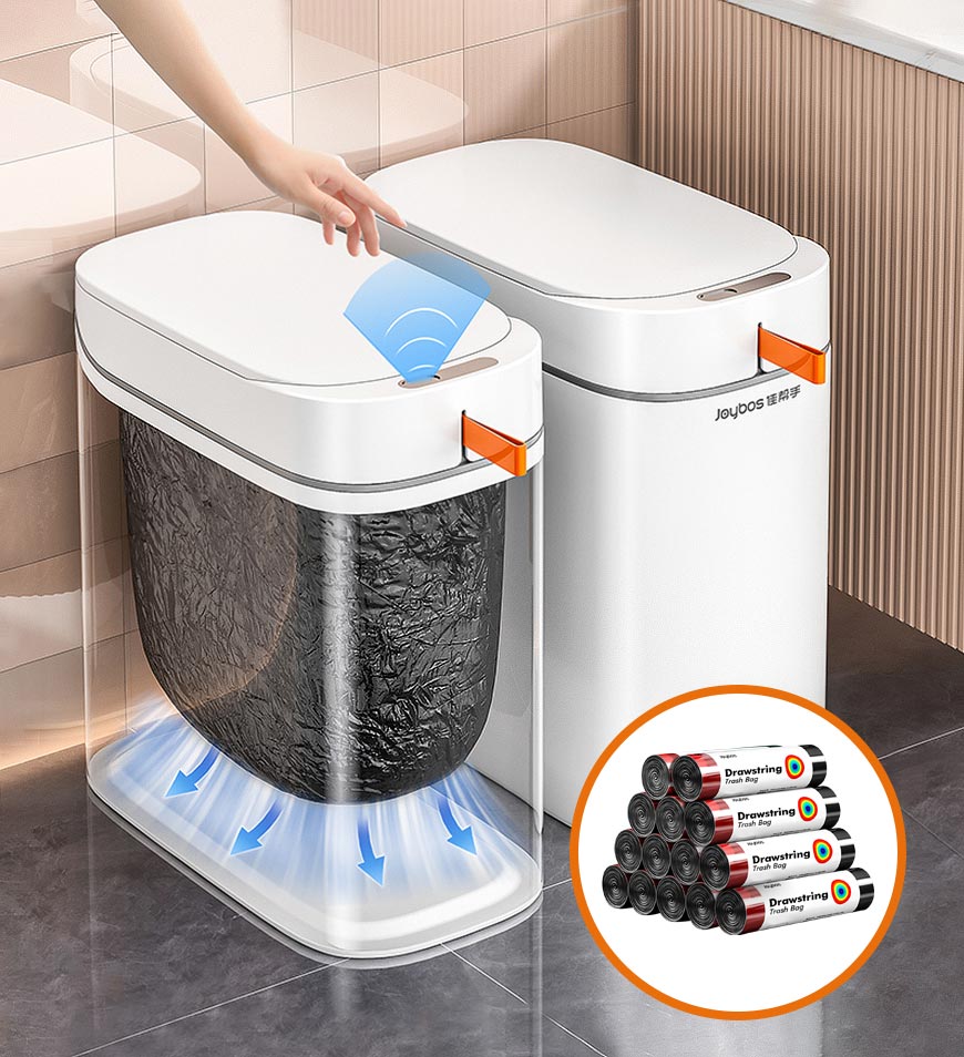 ForKumi sensor trash can in white with automatic lid opening and included black trash bags
