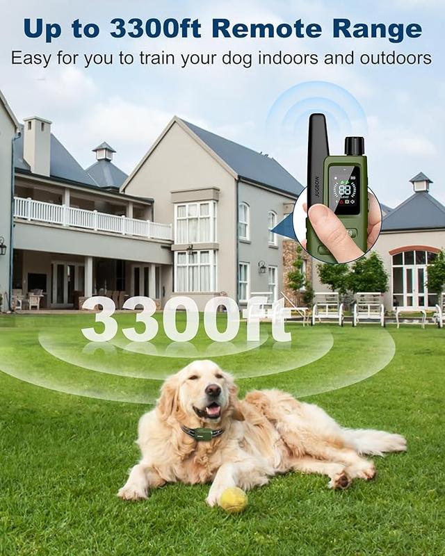 ForKumi safe dog training collar with remote control showing up to 3300ft range on happy golden retriever outdoors