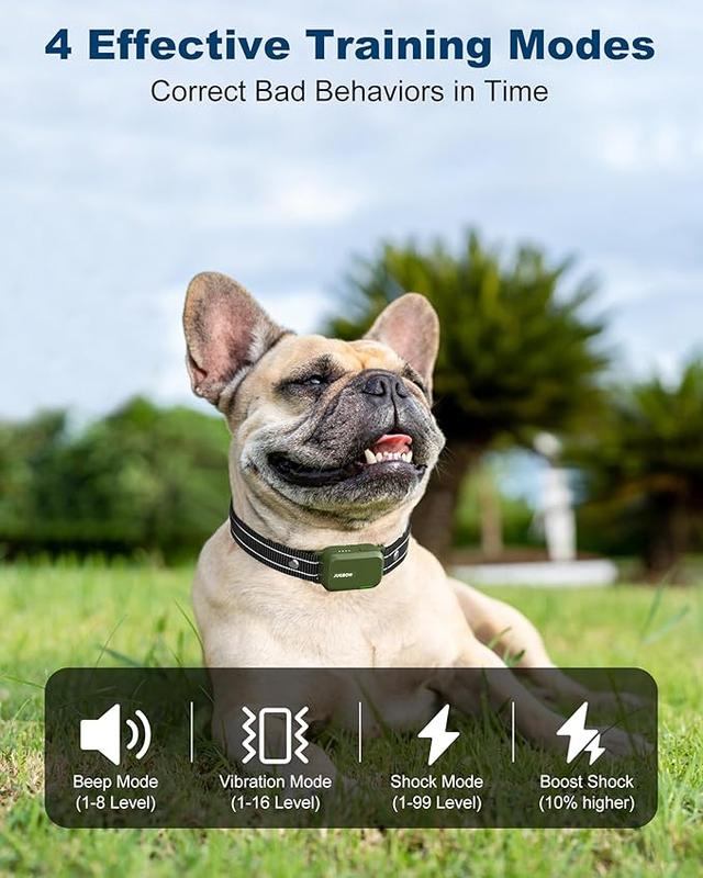 ForKumi safe dog training collar on French Bulldog outdoors with four training modes displayed